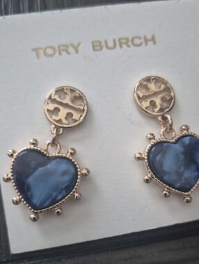 Tory Burch Silver-Tone Earrings with Blue Heart Drops